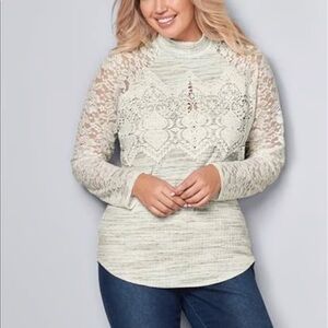 VENUS Lace Sleeve Embroidered Mock Neck Heather Gray Ribbed Womens M